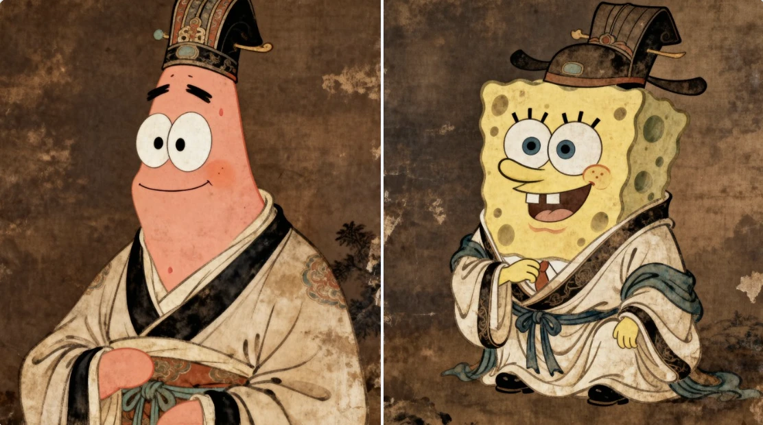 Patrick Star and SpongeBob wearing ancient costumes