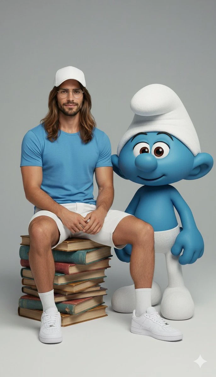 Hyper-realistic full-body portrait interacting with character