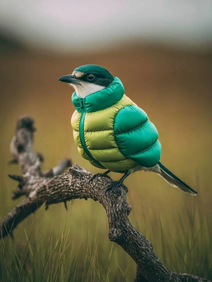 Bird wearing an inflatable down jacket