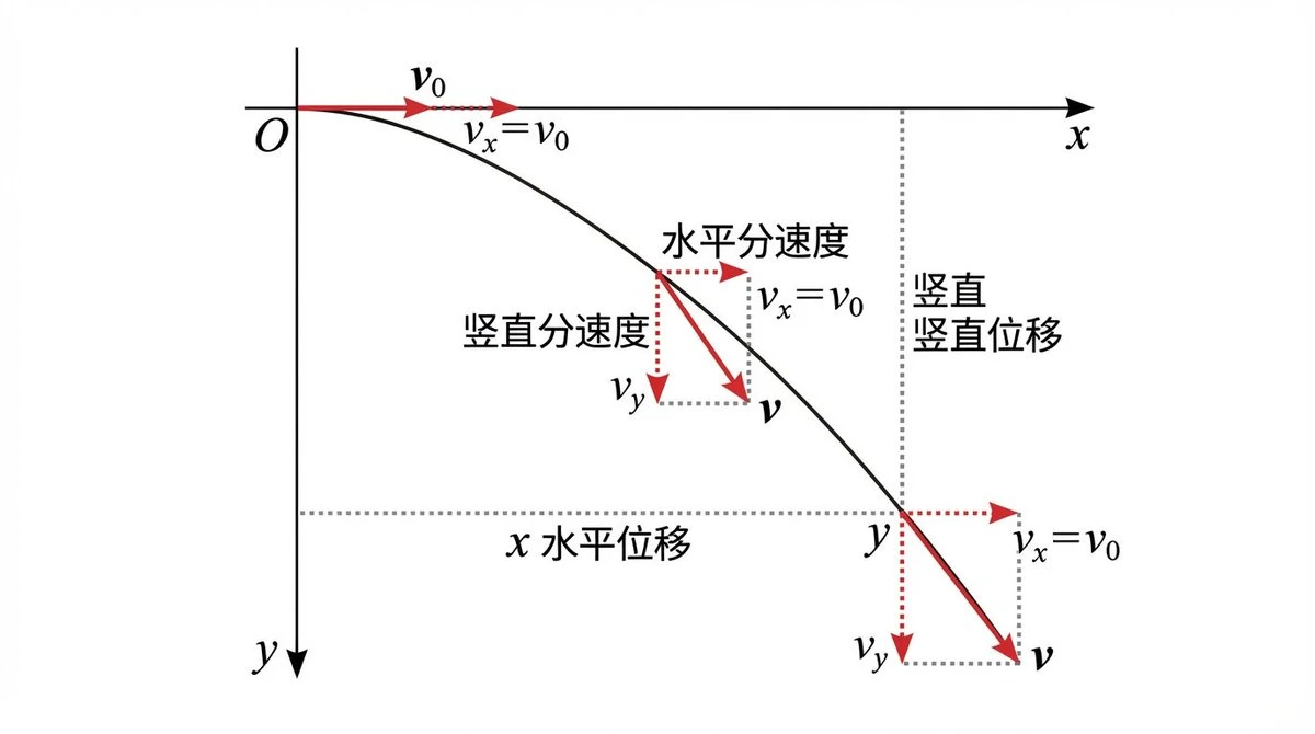 Horizontal Projectile Motion Trajectory and Velocity Displacement Decomposition Diagram