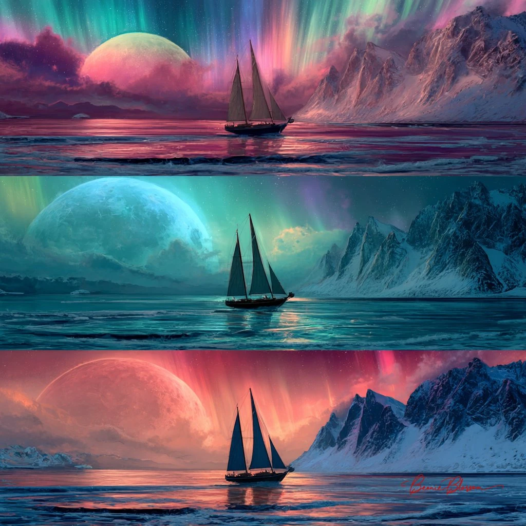 Three Different Fantasy Sailboats in the Ocean